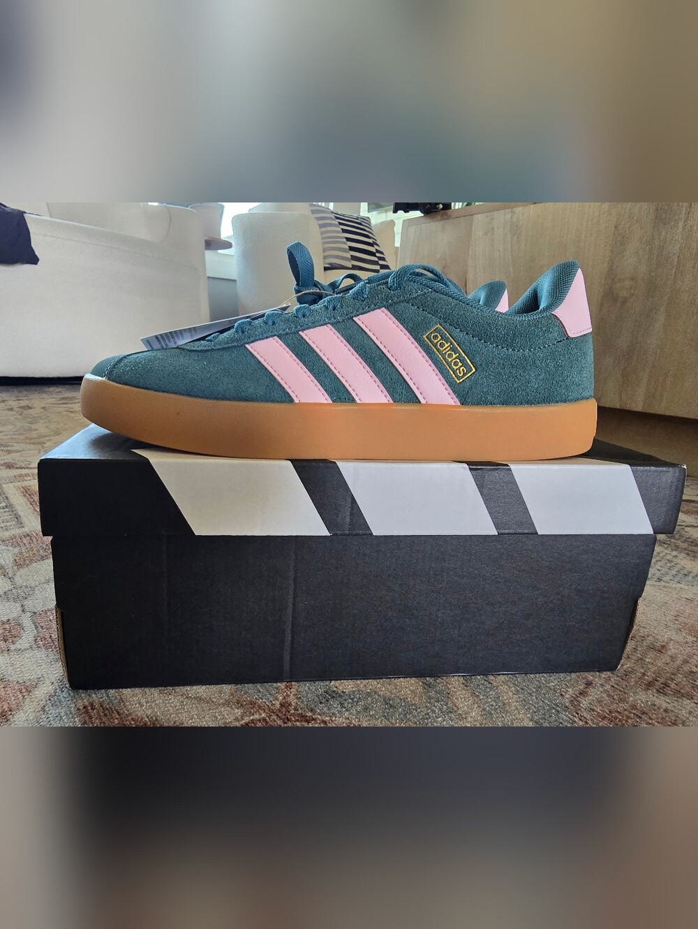 #summer Adidas Teal Suede Sneakers with Pink Stripes and Gum Sole